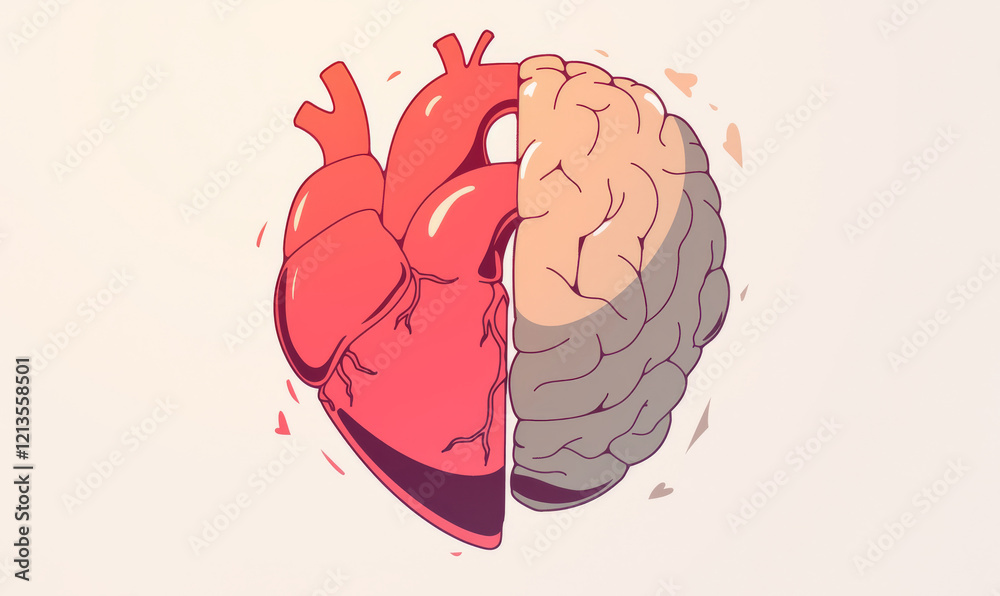 Fototapeta premium Illustration of Half Heart and Half Brain in Balance on a Minimal Background