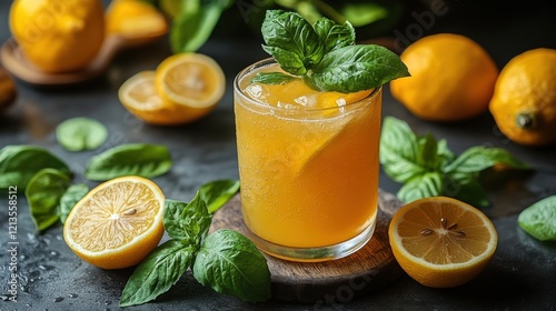 Refreshing lemon basil drink served in a glass with garnishes and fresh lemons in the background photo