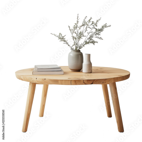 Stylish round wooden table features simple lines, complemented by a vase with flowers and books, enhancing contemporary living spaces with a natural touch