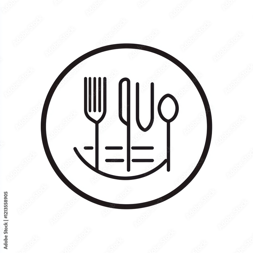 Simple cutlery graphic on plate, restaurant logo, food service icon Simple cutlery graphic on plate, restaurant logo, food service icon
