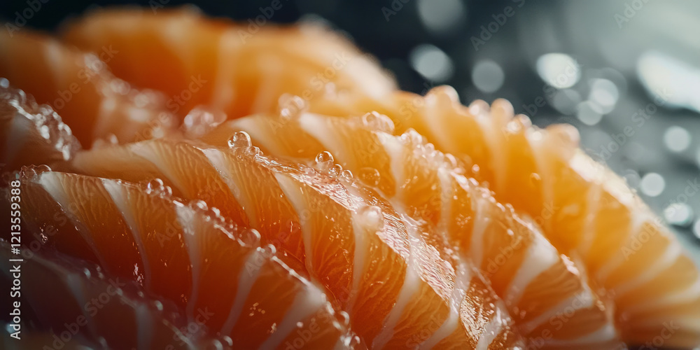 Close up of fresh salmon sashimi, generative AI Close up of fresh salmon sashimi, generative AI