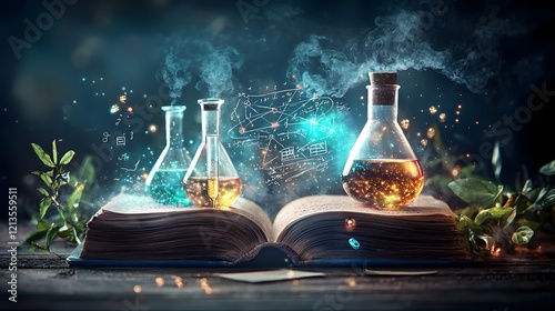 Enchanted chemistry book radiating golden energy and revealing a scene of a vibrant experiment with flasks pipettes and holograms of reaction equations pH indicators and stoichiometry diagrams