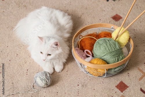 Cute white cat with knittin...