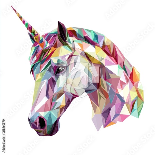 Colorful polygonal unicorn head, isolated on white background, for print design photo