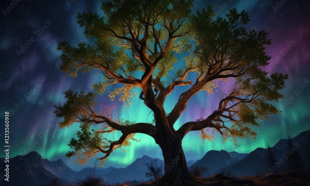 Fototapeta premium Aurora borealis lights shining through the branches of a tree, aurora borealis, tree branches, natural light