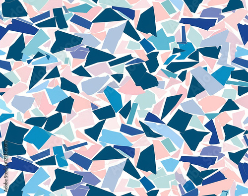 Background of an abstract random repeating pattern of overlapping blue, pink and white shapes.