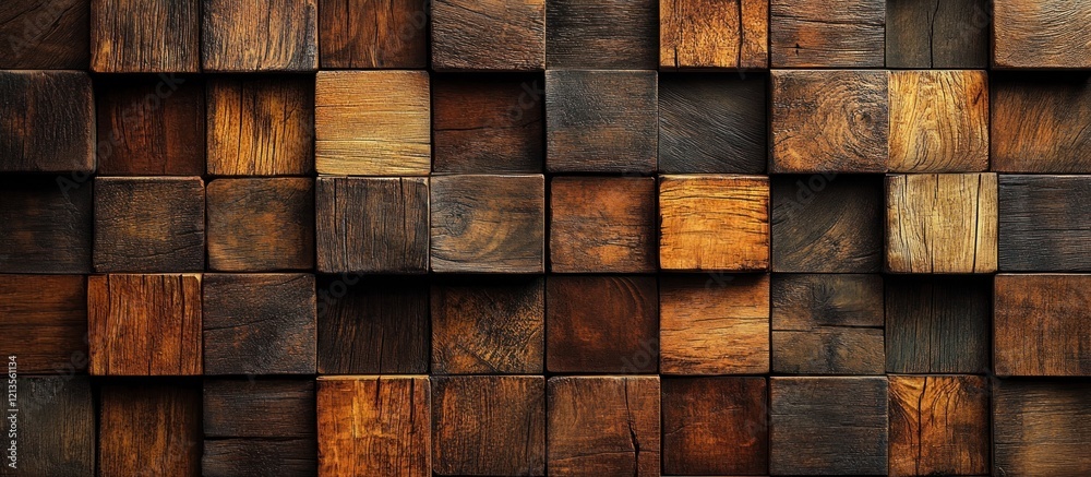 Rustic Wooden Cube Wall Texture: A Dark Brown and Golden Hues Abstract Background