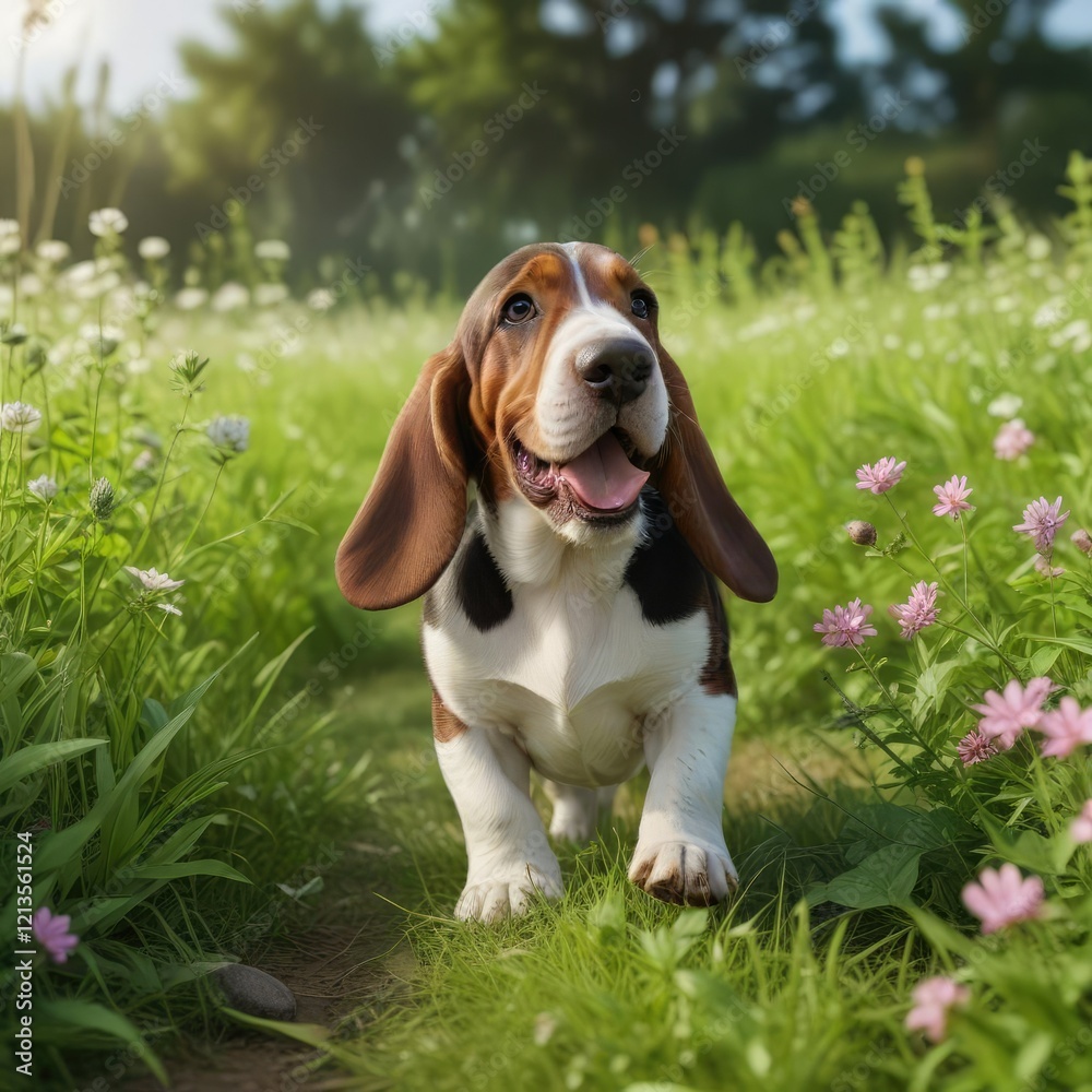 Basset hound puppy running freely in a green meadow filled with blooming clover and tall grass, blooming clover, basset hound puppy Basset hound puppy running freely in a green meadow filled with blooming clover and tall grass, blooming clover, basset hound puppy