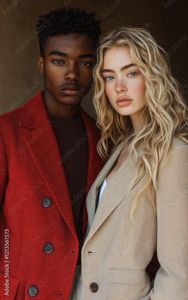 A fashionable young couple poses together in stylish blazers A fashionable young couple poses together in stylish blazers