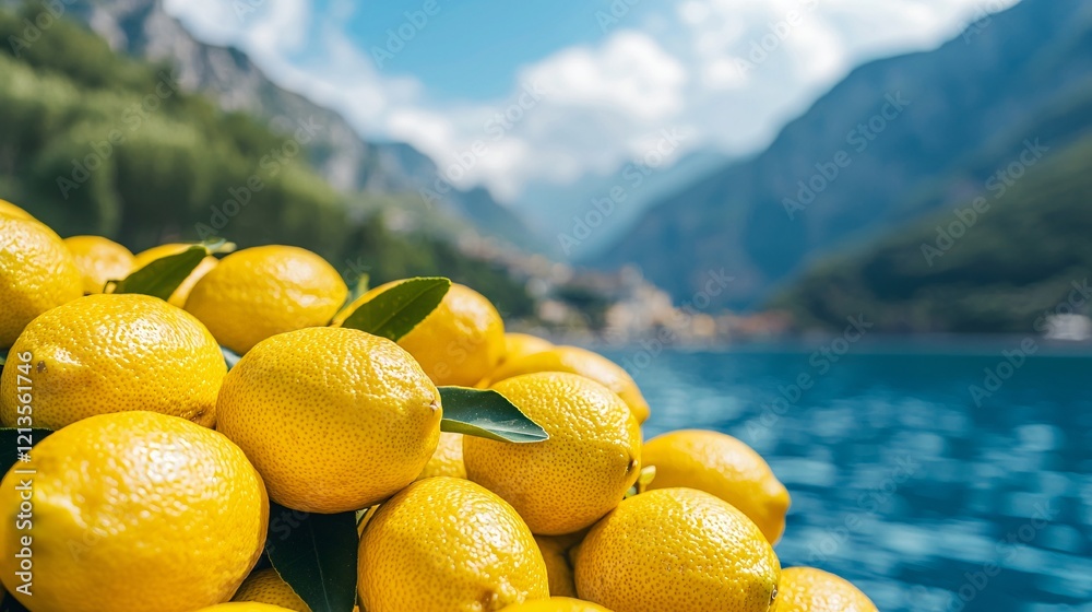 Lemons by Italian lake, mountain backdrop. Food travel photo Lemons by Italian lake, mountain backdrop. Food travel photo