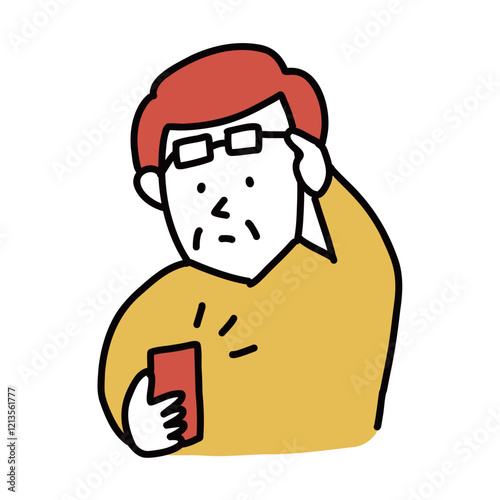 老眼・かすみ目　手元が見えにくいシニアのイメージイラスト　スマートフォンが見えにくいので眼鏡をずらす