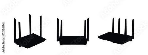 Set of wireless wifi internet router vector icon illustration isolated on white background. Router icons collection black silhouette art work.