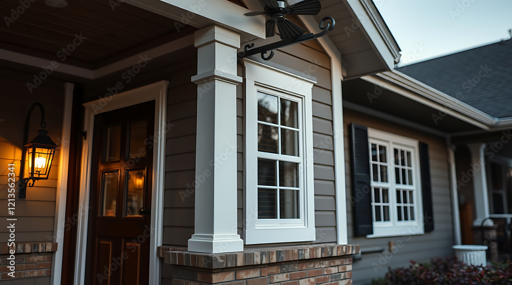 Elegant Home Exterior: Brick, Columns, and Evening Light. Discover the captivating architecture and inviting entrance of this beautiful house. Elegant Home Exterior: Brick, Columns, and Evening Light. Discover the captivating architecture and inviting entrance of this beautiful house.