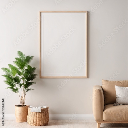 A living room with a couch and a plant in a basket.
