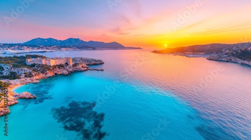 Coastal sunset panorama, island fortress, turquoise water. Travel brochure, website banner