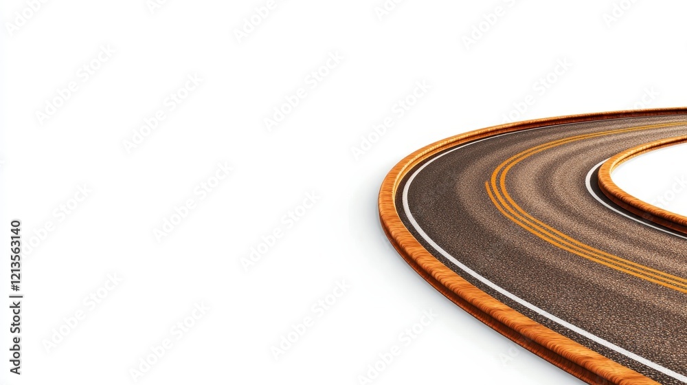 Fototapeta premium Asphalt Road Curve: A Journey Begins, Winding Path Against White Background, Graphic Design Element