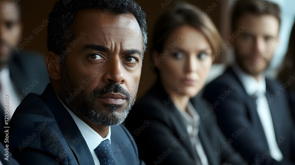 Formal Businesspeople Having a Serious Discussion at the Corporate Office The Team Appears to Be Engaged in a Professional Problem Solving Session Formal Businesspeople Having a Serious Discussion at the Corporate Office The Team Appears to Be Engaged in a Professional Problem Solving Session