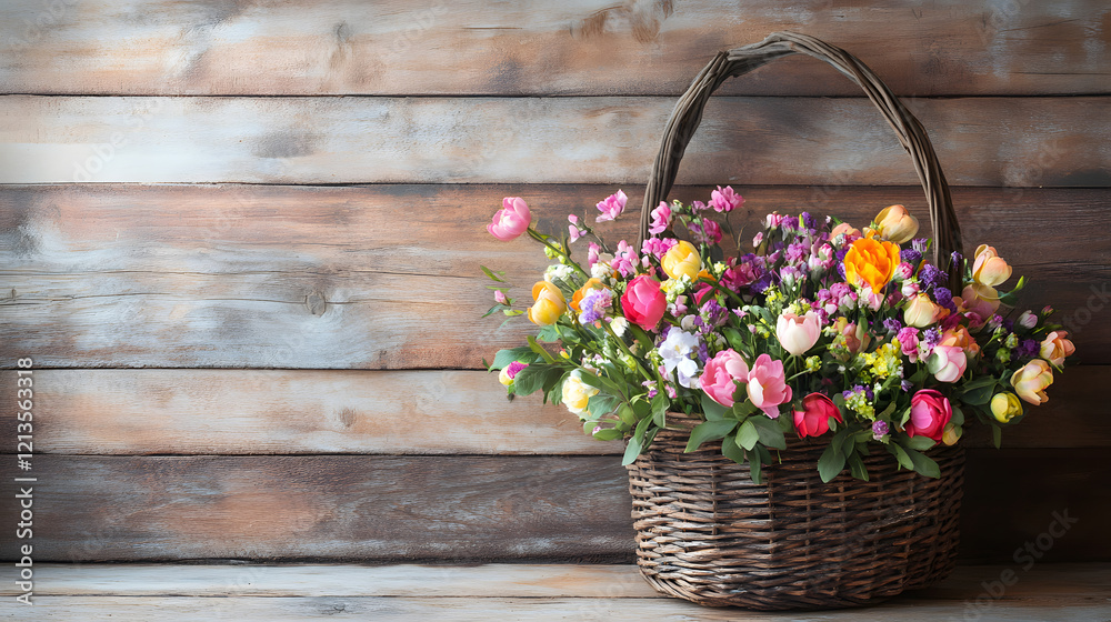 Rustic wicker basket overflowing with colorful spring flowers on a textured wooden surface Rustic wicker basket overflowing with colorful spring flowers on a textured wooden surface