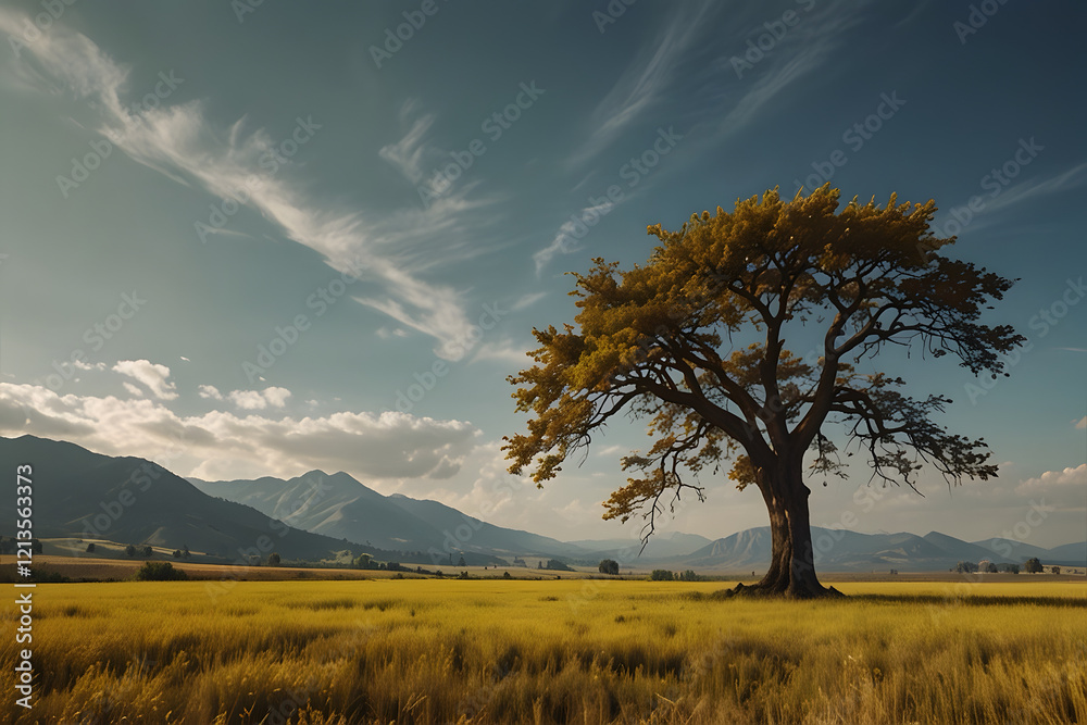 Lonely tree in the middle of the yellow fields with the background of huge mountain Lonely tree in the middle of the yellow fields with the background of huge mountain