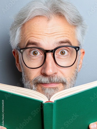 Surprised Senior Man Reading a Book Close-up Portrait Showing Curiosity and Amazement