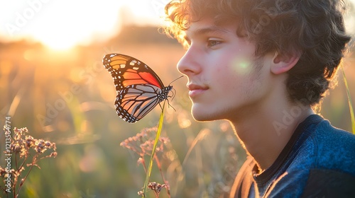 34. A young man admiring a colorful butterfly resting on his arm in a sunny meadow photo