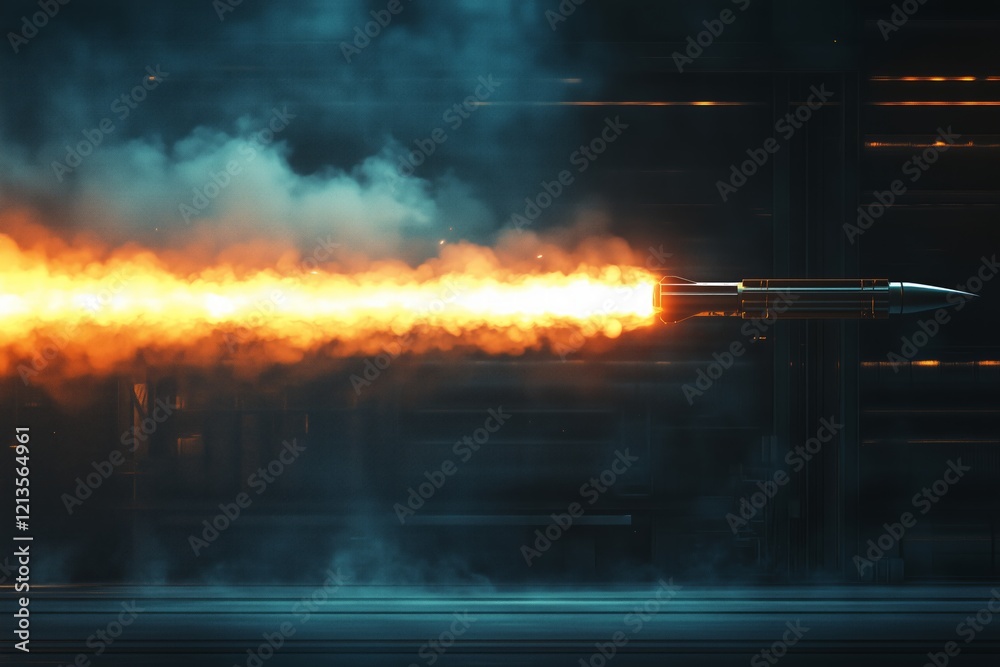 A powerful missile soars through the air, releasing a vivid trail of flames and smoke. The launch occurs in a military test zone, showcasing advanced technology in action