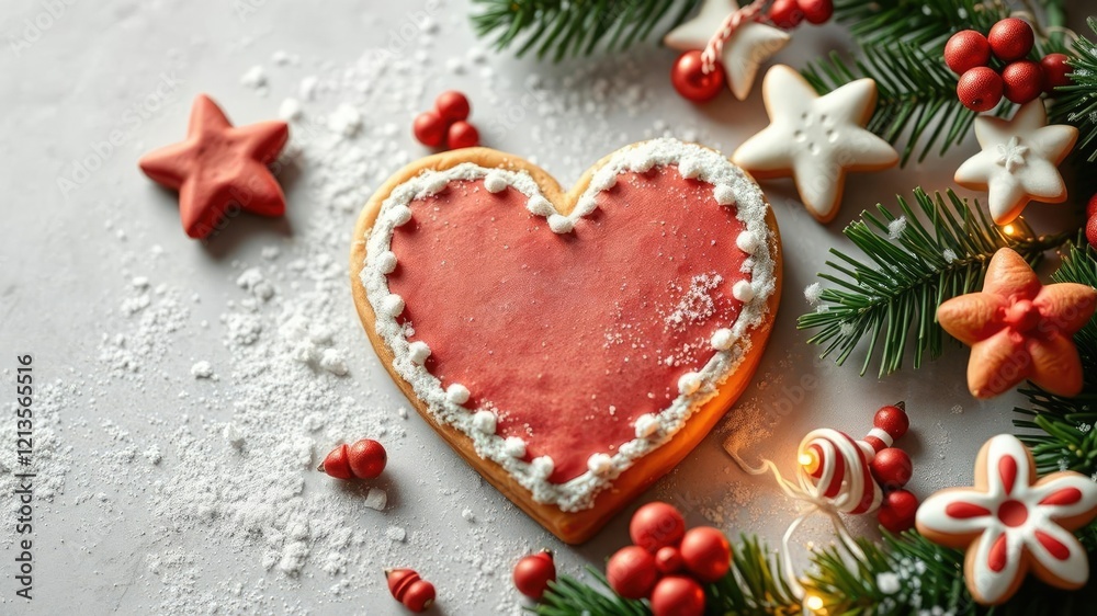 Fototapeta premium Christmas cookie with a sugar heart shape surrounded by festive decorations, festive, celebration, close-up