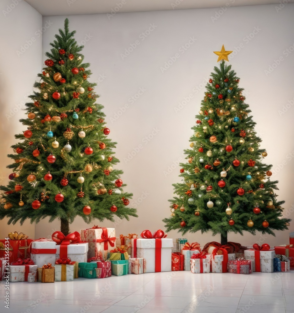 Christmas Tree against a White Background with Decorated Presents, white background, Christmas tree Christmas Tree against a White Background with Decorated Presents, white background, Christmas tree