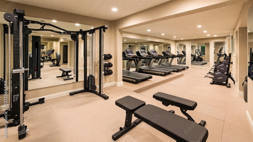 Luxurious home gym with treadmills, weight machines, and benches. Luxurious home gym with treadmills, weight machines, and benches.
