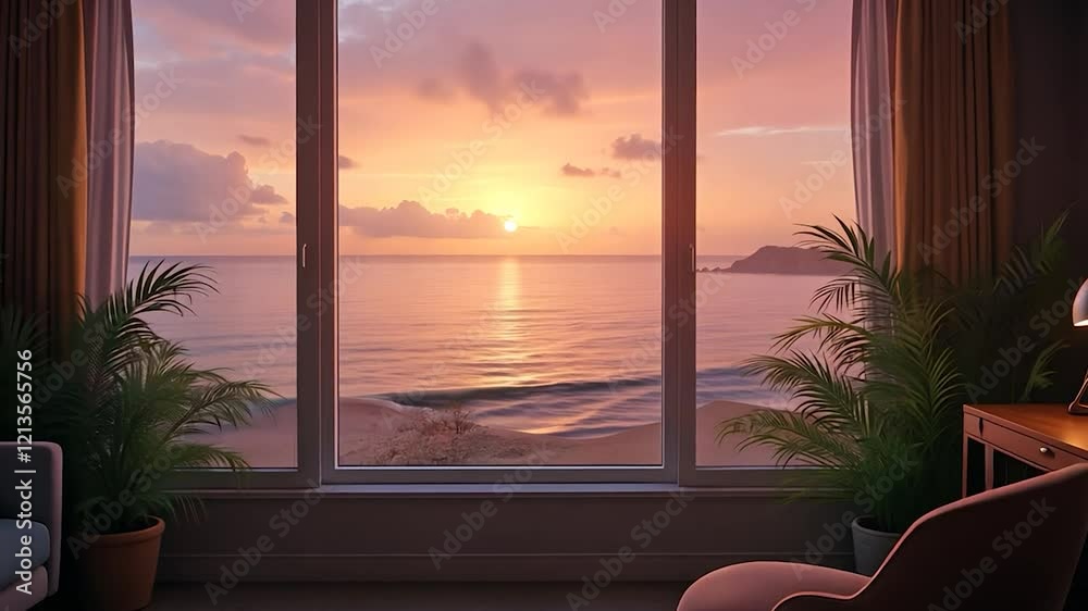 Interior with Sea View Through Window at Sunset Interior with Sea View Through Window at Sunset