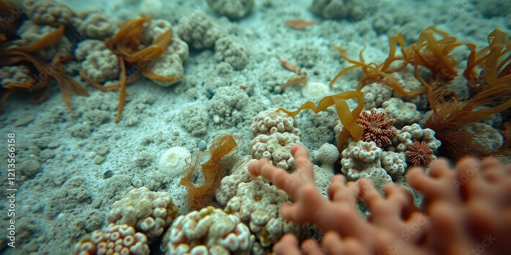 Close-up of an atoll's surface with coral and seaweed, marine, ecosystem Close-up of an atoll's surface with coral and seaweed, marine, ecosystem