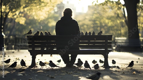 64. A woman sitting on a park bench, tossing crumbs to sparrows gathered around her feet photo