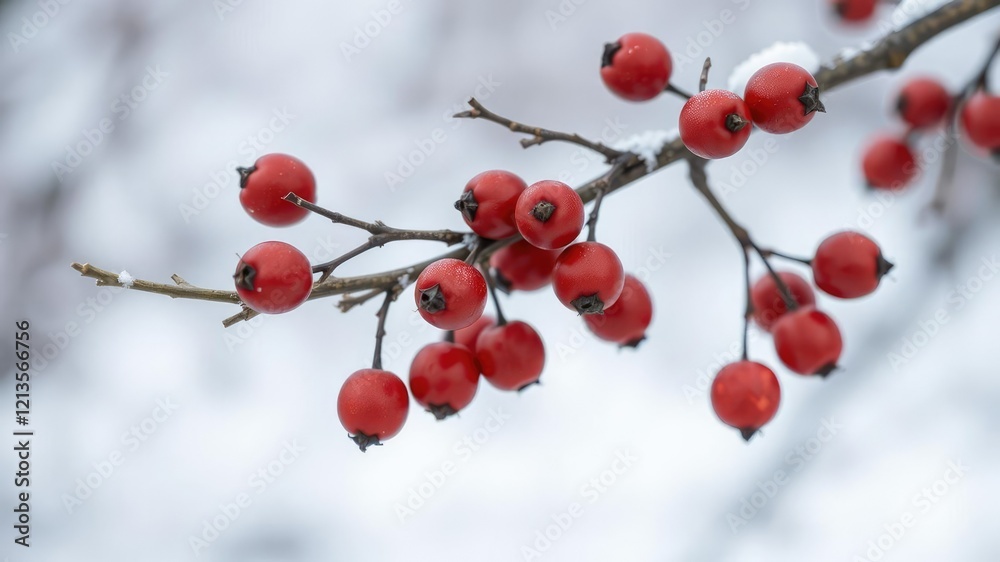 Close-up of individual rowan berries on a bare winter branch, close-up, texture Close-up of individual rowan berries on a bare winter branch, close-up, texture