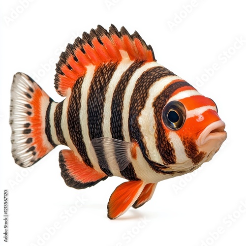 Striped Red and Black Fish Close-up: Vibrant Marine Life Isolated on White