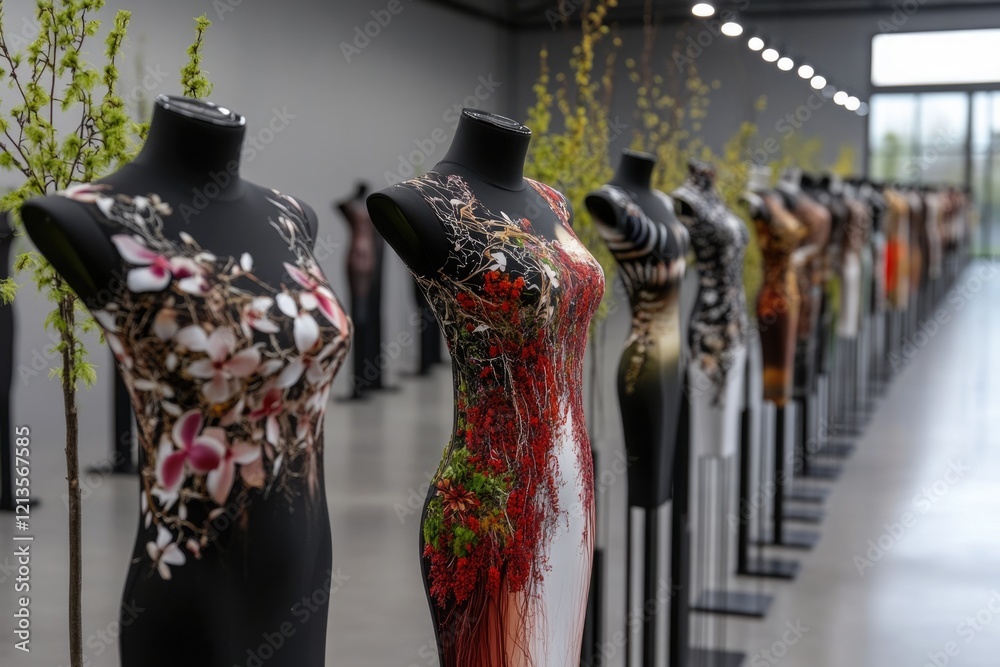 Obraz premium A collection of striking fashion sculptures is showcased in a contemporary exhibition space. Each piece features intricate floral designs, blending nature and art seamlessly