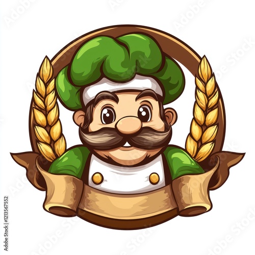 Cartoon chef, smiling, wheat background, food logo, illustration, possible use in restaurant marketing photo