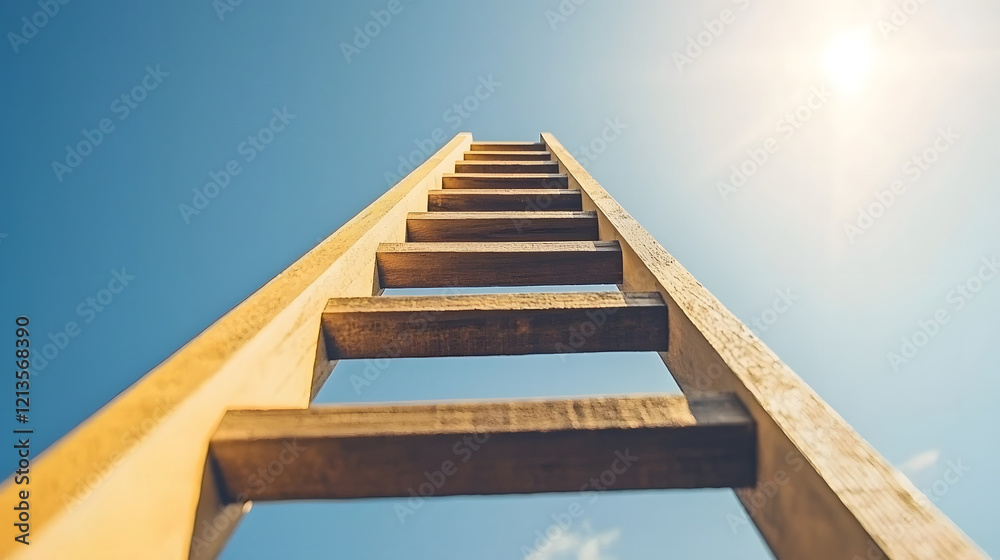 Conceptual image of a wooden ladder ascending towards a bright sunny sky symbolizing the financial growth and investment opportunities for a prosperous future Conceptual image of a wooden ladder ascending towards a bright sunny sky symbolizing the financial growth and investment opportunities for a prosperous future