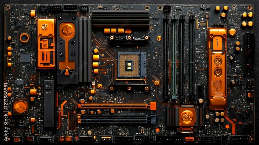 Circuit board abstract background featuring a CPU microchip, conductor paths, and motherboard components, symbolizing AI technology and digital advancements.