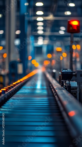 Industrial conveyor belt in a factory at night.