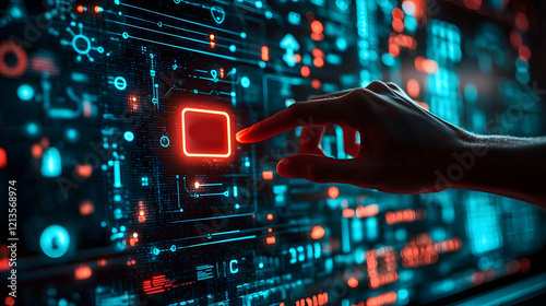 Close up view of a hand pressing a large red restart button on a futuristic high tech digital screen symbolizing the concept of new beginnings fresh starts and rebooting a system or process photo