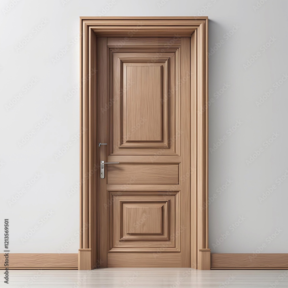 Classic Wood Door: An elegant, light brown wood door with detailed paneling and a simple silver handle, set within a classic frame against a neutral wall. This image is perfect for interior design. Classic Wood Door: An elegant, light brown wood door with detailed paneling and a simple silver handle, set within a classic frame against a neutral wall. This image is perfect for interior design.