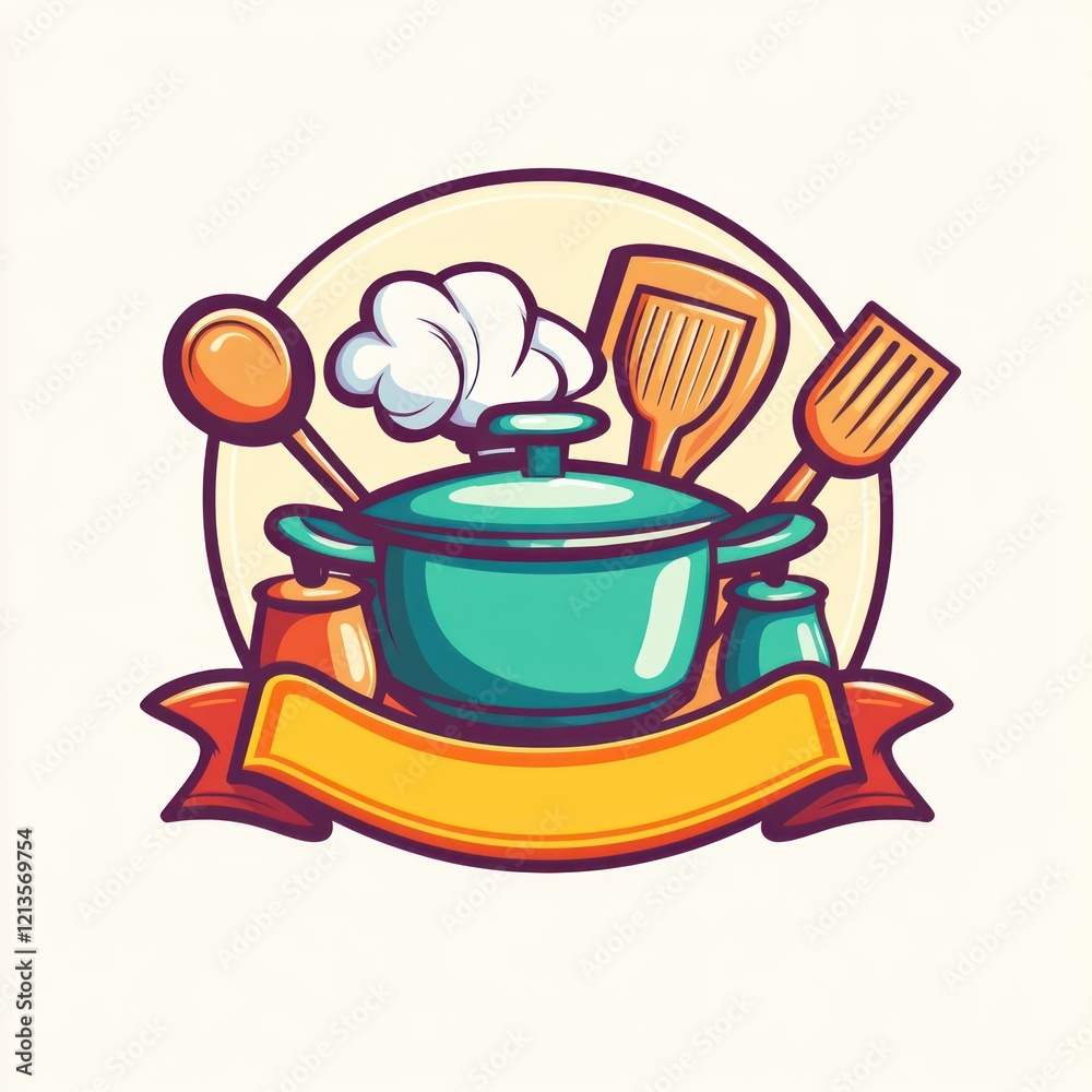 Colorful cooking emblem, kitchen tools, cooking pot, chef's hat, blank banner, food Colorful cooking emblem, kitchen tools, cooking pot, chef's hat, blank banner, food