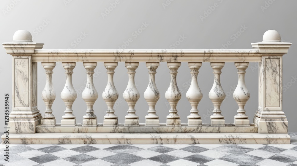 Fototapeta premium White marble balustrade on balcony, porch or terrace with tiled floor. Stone handrail in classic roman style isolated on transparent background. Vector realistic mockup with baroque railing