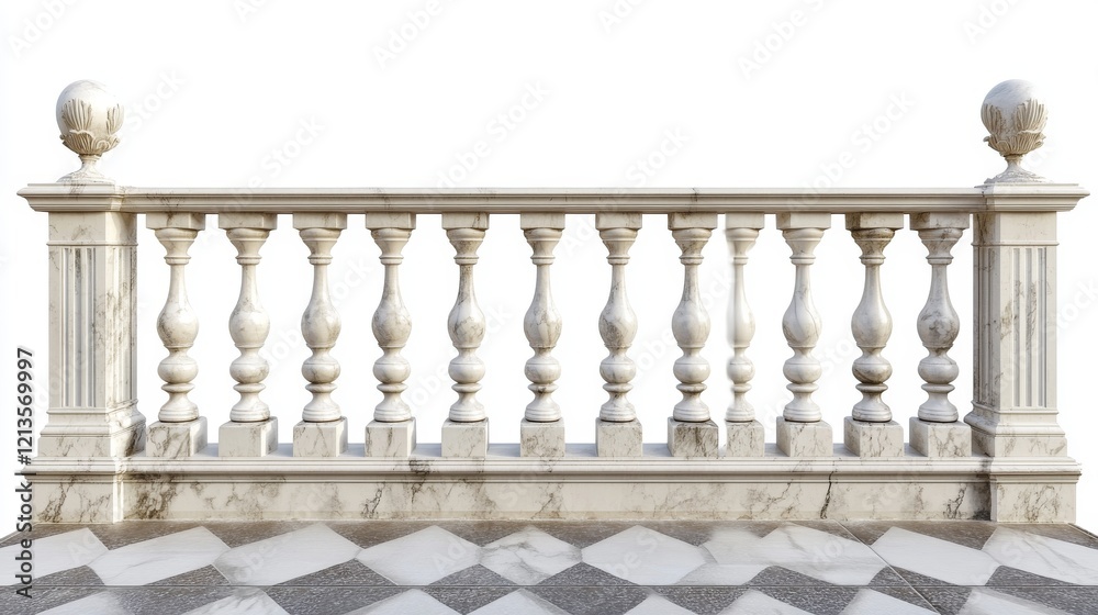 Fototapeta premium White marble balustrade on balcony, porch or terrace with tiled floor. Stone handrail in classic roman style isolated on transparent background. Vector realistic mockup with baroque railing