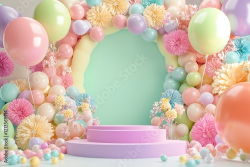 Product presentation stage with a colorful pastel 3D background.