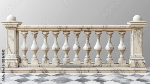 White marble balustrade on balcony, porch or terrace with tiled floor. Stone handrail in classic roman style isolated on transparent background. Vector realistic mockup with baroque railing