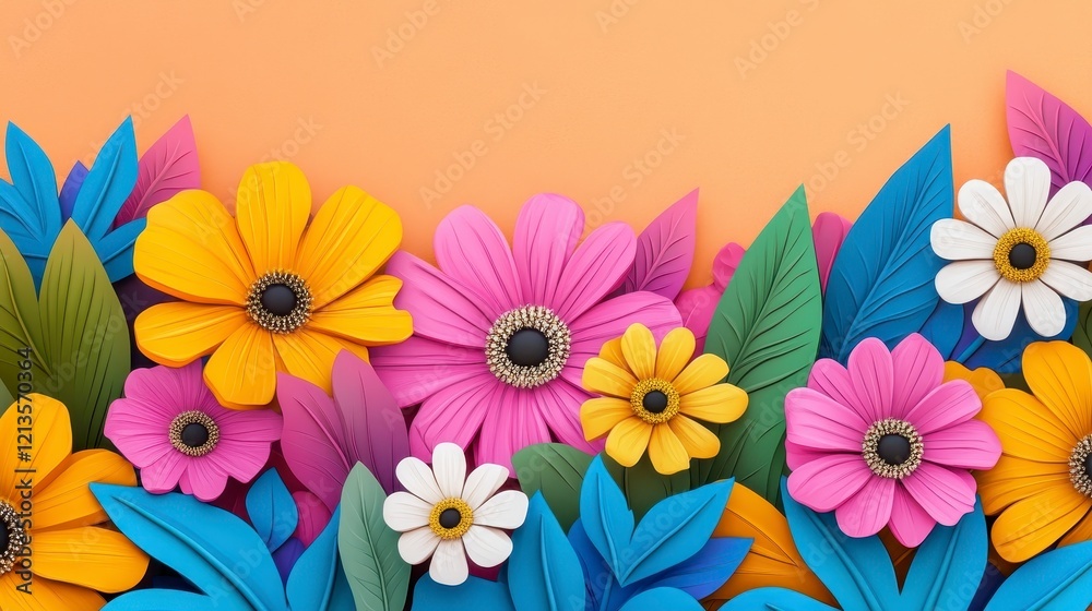 Fototapeta premium Vibrant Paper Flowers and Leaves in Bright Colors Against Orange Background