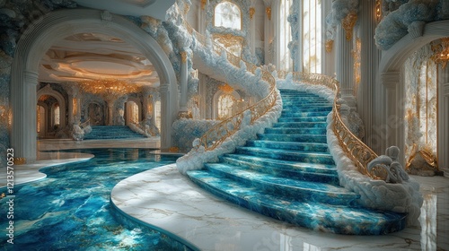 Opulent Palace Interior Grand Blue Staircase, Water Feature, Fantasy Setting - Architectural Design photo