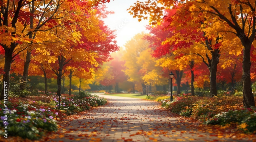 Fototapeta premium Blurred background of autumn park with colorful foliage, vibrant colors, park scenery, autumn park