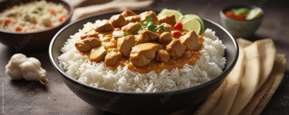 bowl filled with chicken curry and steaming hot fluffy rice , savory, golden brown , spicy